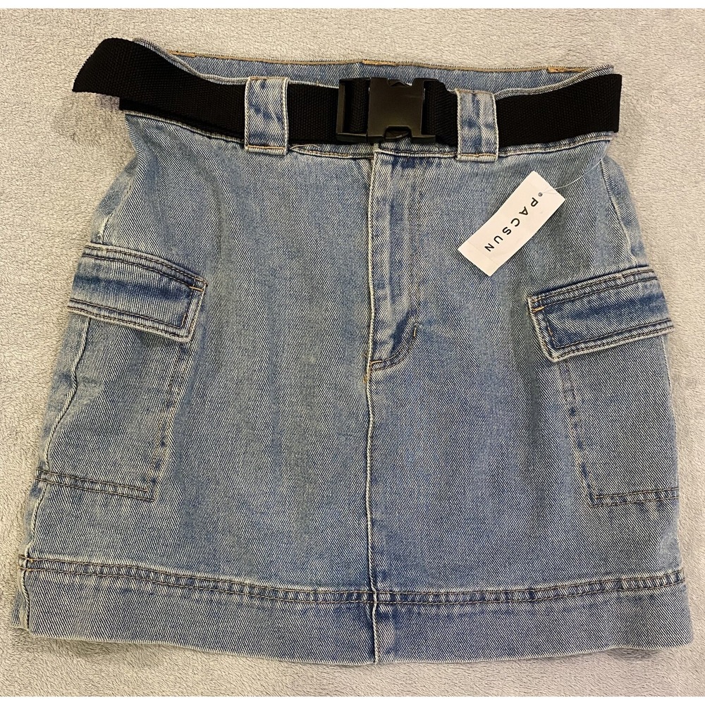 NWT PAC SUN Buckle Denim Jean Skirt Size 27 Blue Pockets Cotton New $46.95